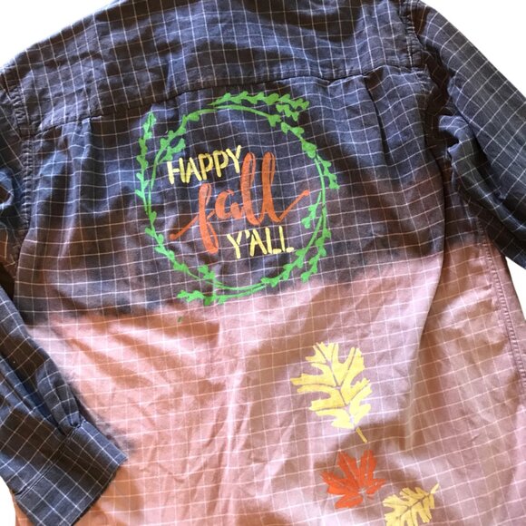 Bleached Flannel Painted Shirt, Size Medium: Upcycled, Autumn Theme Fall Leaves - Picture 10 of 13